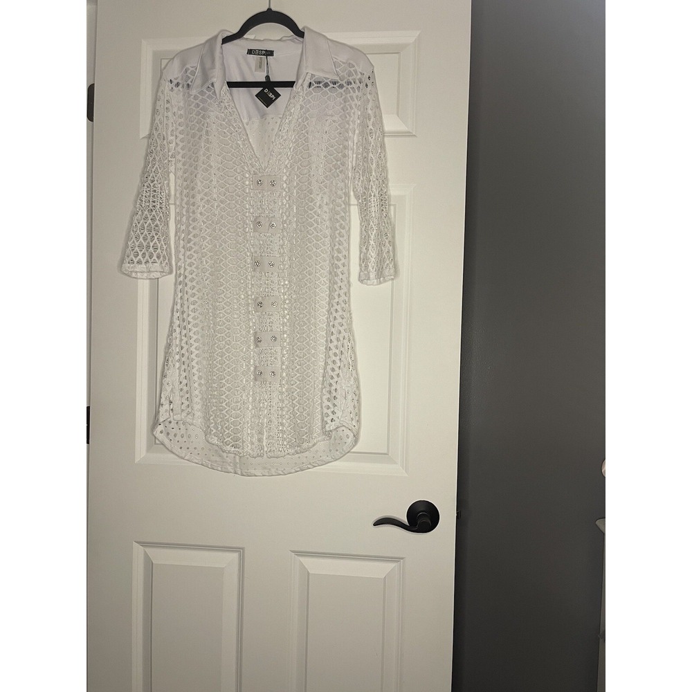 Despi Crochet Swimsuit Coverup Button Up Shirt  Small White  Decor Beading NWT